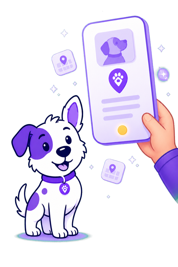 Ilustracja: piesek patrzy na telefon z otwartym formularzem zgłoszenia w Helpaw